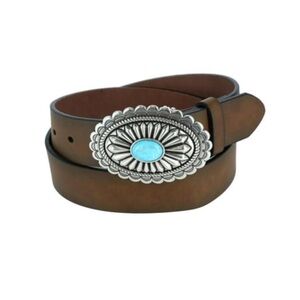Ariat Brown Belt with Silver and Blue Buckle